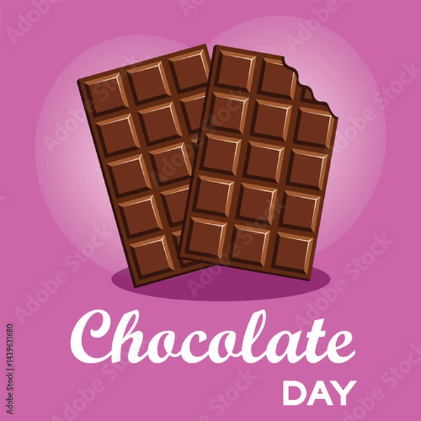 Fototapeta Vector illustration on the theme international chocolate day. On pink background two bars of black chocolate, one of which is bitten off.