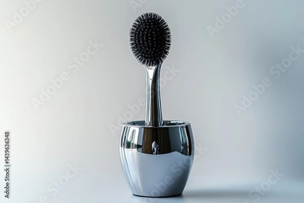 Obraz Stylish chrome hairbrush standing in a sleek holder on a light background