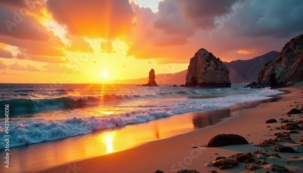 Fototapeta Golden sunrise paints San Jose del Cabo beach, Baja California Sur, Mexico , palm trees, serene