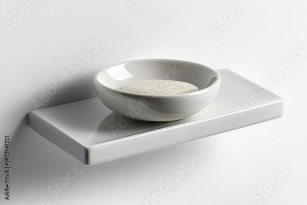 Fototapeta Unique minimalist soap dish on a sleek white shelf in a modern bathroom setting