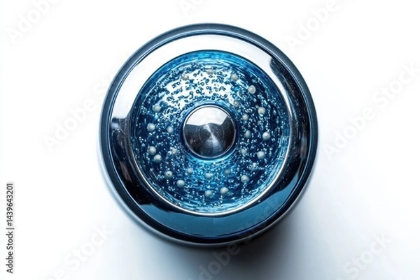 Obraz Close-up view of a round, metallic object filled with blue liquid and bubbles at a well-lit setting