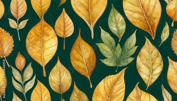 Fototapeta Pattern with bright golden leaves on a green background. Watercolor illustration.
