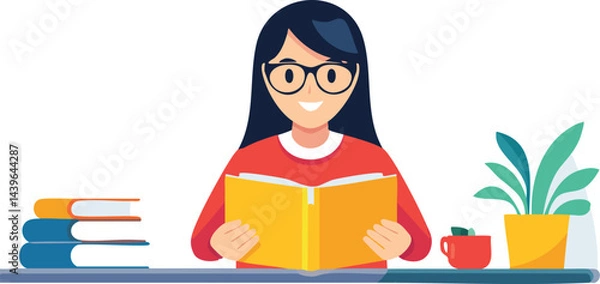 Fototapeta young woman with glassed reading a book