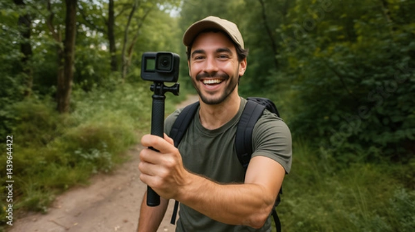 Fototapeta Influencer creating social media video content while smiling in natural forest environment background wilderness exploration and adventure cocnept