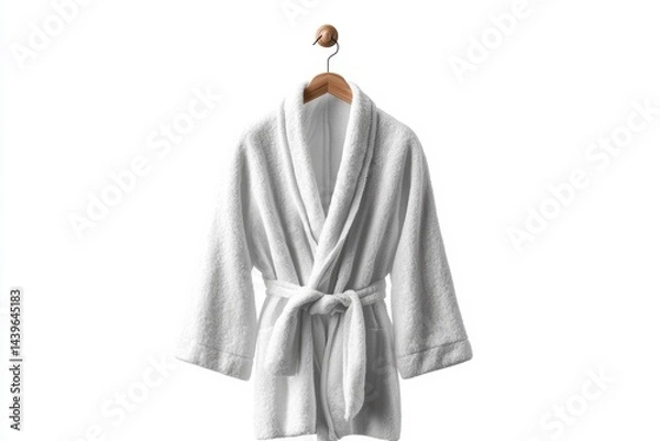 Obraz Elegant white bathrobe hanging neatly on a wooden hanger in a minimalist setting