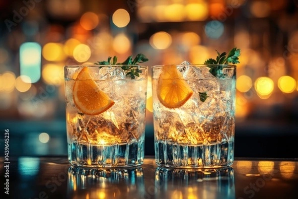 Fototapeta Two refreshing cocktails garnished with orange slices and herbs (1)
