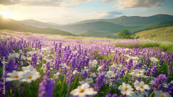 Obraz Lavender and Daisy Field at Sunset in the Mountains