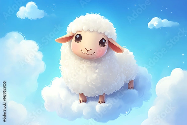 Obraz A cute, fluffy sheep standing on a cloud under a bright blue sky with soft clouds
