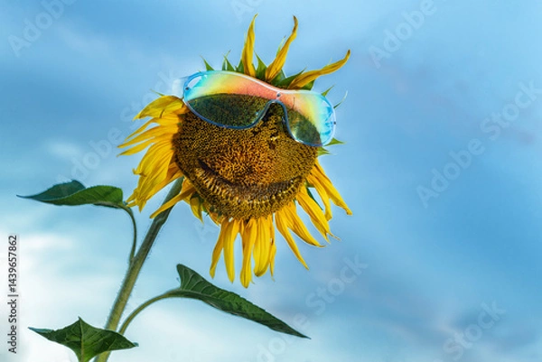 Obraz A cheerful sunflower in sunglasses against a blue sky. The image conveys positivity, joy, summer, good mood and positive emotions. Bright colors and a cheerful image.
