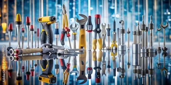 Fototapeta Precision instruments, tools, and equipment reflecting on a polished surface with a blurred industrial background