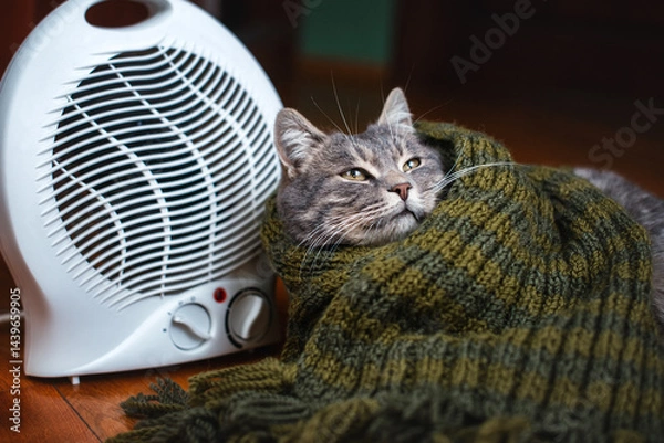 Fototapeta A funny gray cat, wrapped in a warm scarf, is warming himself near an electric heater. Suitable for creating a positive mood in advertising of household goods. Heating season.
