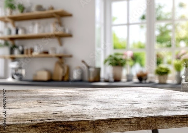 Fototapeta Rustic kitchen countertop, out-of-focus background
