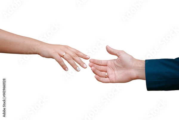 Fototapeta Two hands reaching out to each other on a white background. Man and woman union. The image can symbolize cooperation, support, love, partnership, help or any relationship. Wedding.