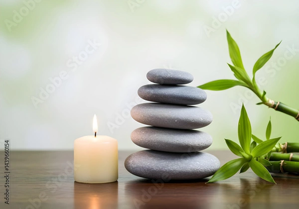 Fototapeta Serene Stone Stack with Bamboo and Candlelight on Polished Wood