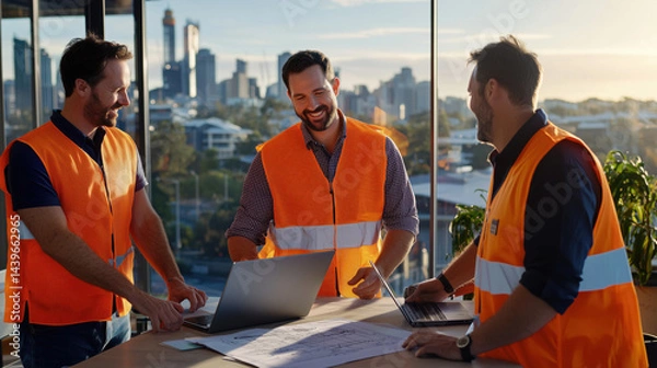 Fototapeta Group of cheerful construction workers collaborating on a project in a modern office with city skyline view through large windows at sunset