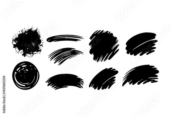 Fototapeta Collection of black ink brush strokes and textures on a white background artwork silhouette