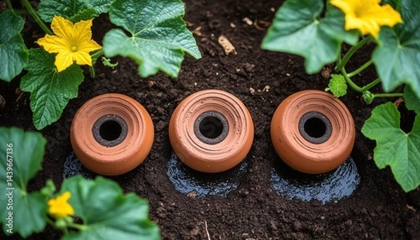 Obraz Overhead view of clay humidity pots embedded around blooming zucchini plants, slowly releasing moisture to maintain soil hydration. Ideal for sustainable garden irrigation