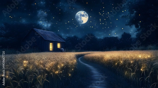 Fototapeta Enchanted Night: A Full Moon over a Wheat Field