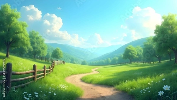 Fototapeta A winding path through a vibrant green meadow