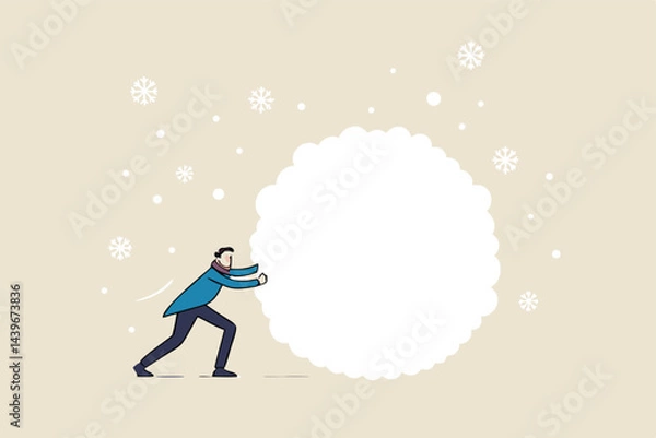 Fototapeta Snowball effect from small build up larger with potential risk, financial growth or mistake concept, businessman investor rolling large snowball build up from small getting bigger.