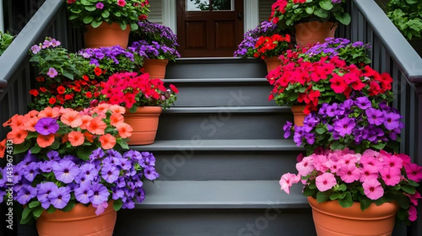 Fototapeta Vibrant Petunia Planters Adorn Steps of House