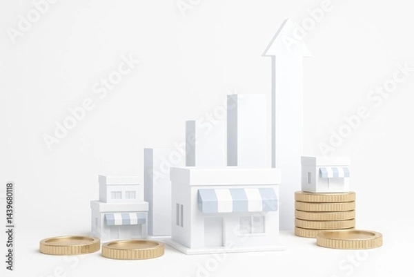 Fototapeta Business Growth in White: A stylized illustration of retail shops, stacks of coins, and an upward arrow, symbolizing business growth and expansion. Representing financial success, market development.