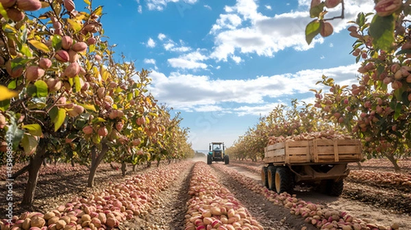 Fototapeta Abundant Pistachio Harvest: Tractor in a Lush Orchard