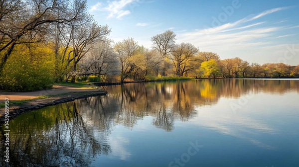 Fototapeta Serene Spring Lake: Picturesque Reflection of Blossoming Trees