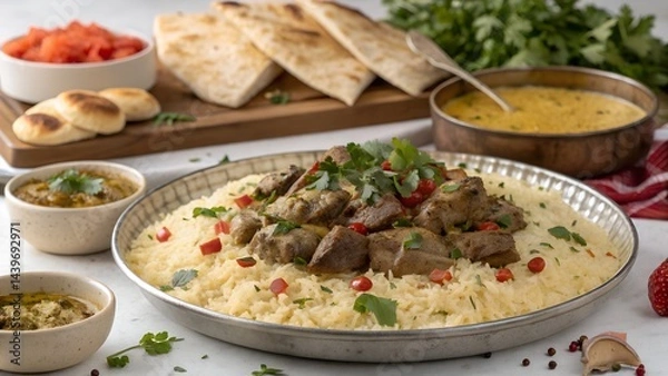 Fototapeta Authentic Jordanian Mansaf Served with Traditional Presentation