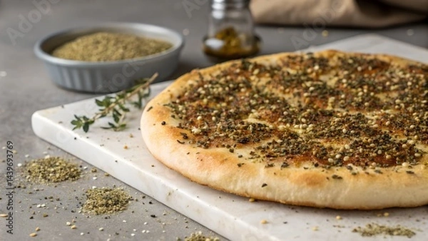 Fototapeta Lebanese Manakish Flatbread Topped with Fresh Za Atar