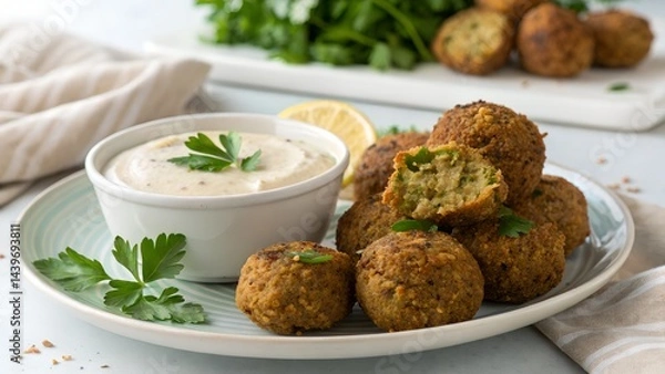 Fototapeta Middle Eastern Crispy Falafel Balls Drizzled with Tahini