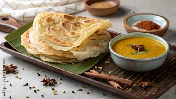 Fototapeta Malaysian Roti Canai with Flavorful Curry Dipping Sauce