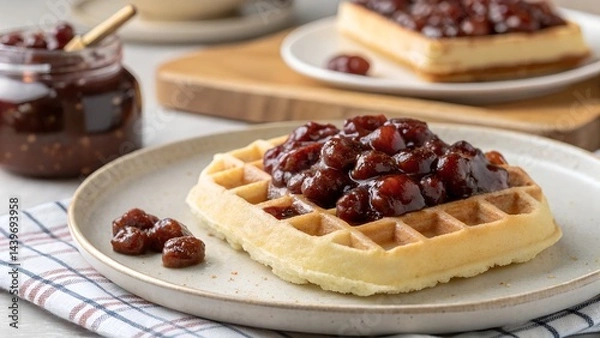 Fototapeta Crispy Mochi Waffle Dessert Filled with Sweet Red Bean