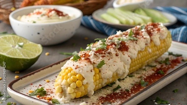 Fototapeta Grilled Mexican Elote Corn Coated in Chili and Cheese