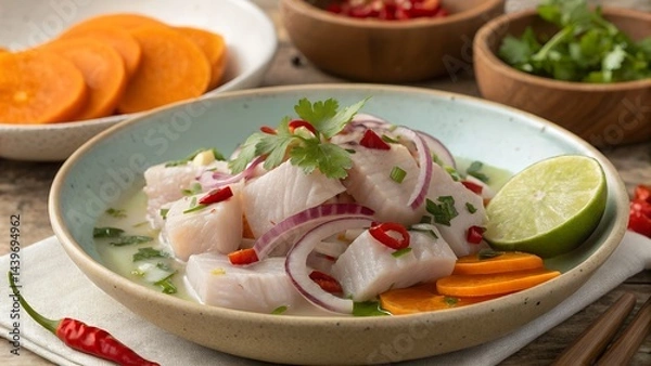 Fototapeta Refreshing Peruvian Ceviche with Sweet Potato Garnish
