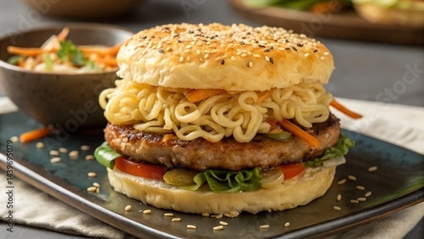 Fototapeta Innovative Ramen Burger with Crispy Noodle Bun