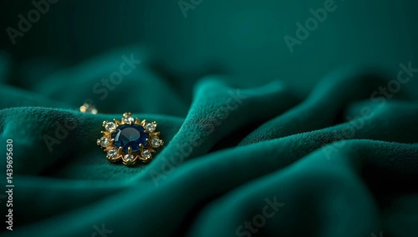 Fototapeta Elegant gold pendant with a sapphire on emerald green fabric.