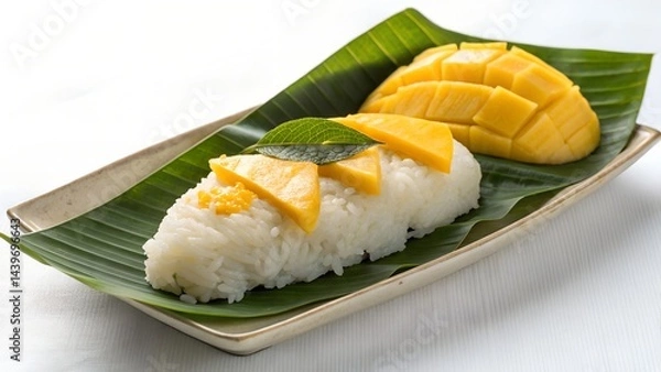 Fototapeta Thai Mango Sticky Rice Wrapped in Banana Leaf Boat