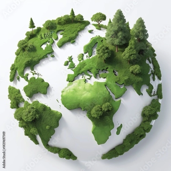 Fototapeta Green World Map- 3D tree or forest shape of world map isolated on white background. World Map Green Planet Earth Day or Environment day Concept. Green earth with electric car. Paris agreement concept.