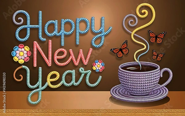 Fototapeta Happy New Year Embroidered Text with Coffee and Butterflies