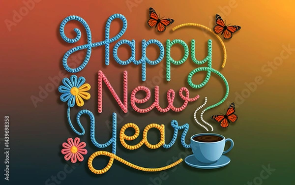 Obraz Happy New Year Embroidered Typography Design with Coffee and Butterflies