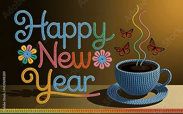 Obraz Happy New Year Embroidery Design with Coffee and Butterflies