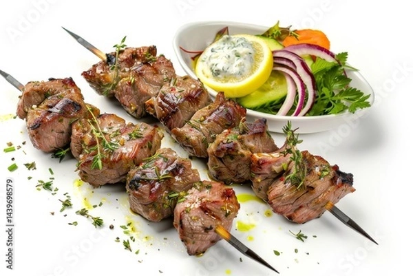 Fototapeta Herb-Marinated Lamb Souvlaki Isolated On White Background.
