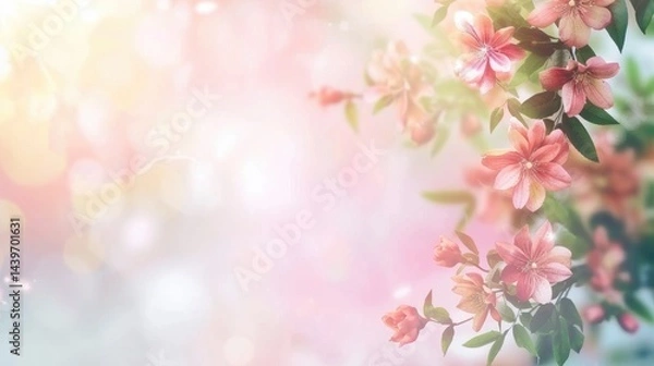 Fototapeta Delicate pink flowers with soft glowing background during spring season