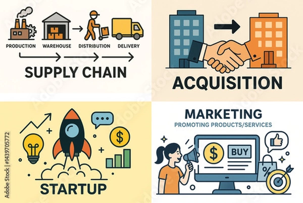 Obraz business icons in a minimalistic style, explain basic terms of finance 