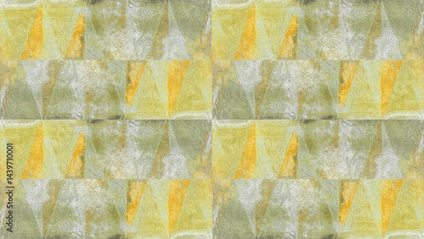 Obraz Old green yellow vintage worn shabby patchwork triangular triangles motif tiles stone concrete cement wall texture background, seamless pattern