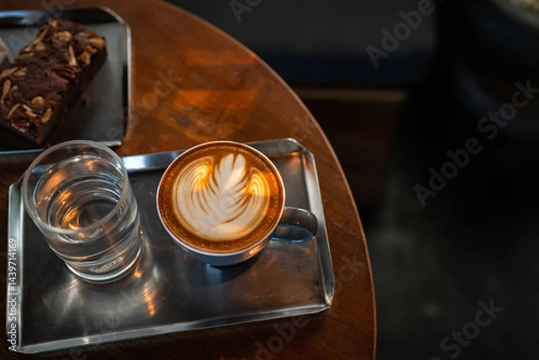 Obraz Hot coffee latte with latte art milk foam in cup mug and Homemade Brownie on wood desk on top view. As breakfast In a coffee shop at the cafe,during business work concept,vintage style