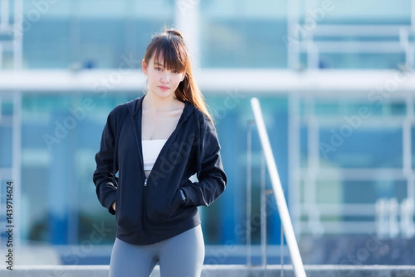 Obraz Portrait of beautiful asian Young woman in Black robe sportswear working out outside. training on public equipment in outdoor at park. concept Exercise Healthy lifestyle.