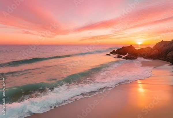 Fototapeta romantic sunset over the sea, with vibrant colors reflecting on the calm, beautiful waters.