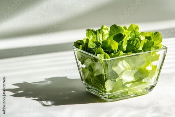 Obraz Fresh Green Lettuce in Glass Bowl with Sunlight and Shadow on White Background.